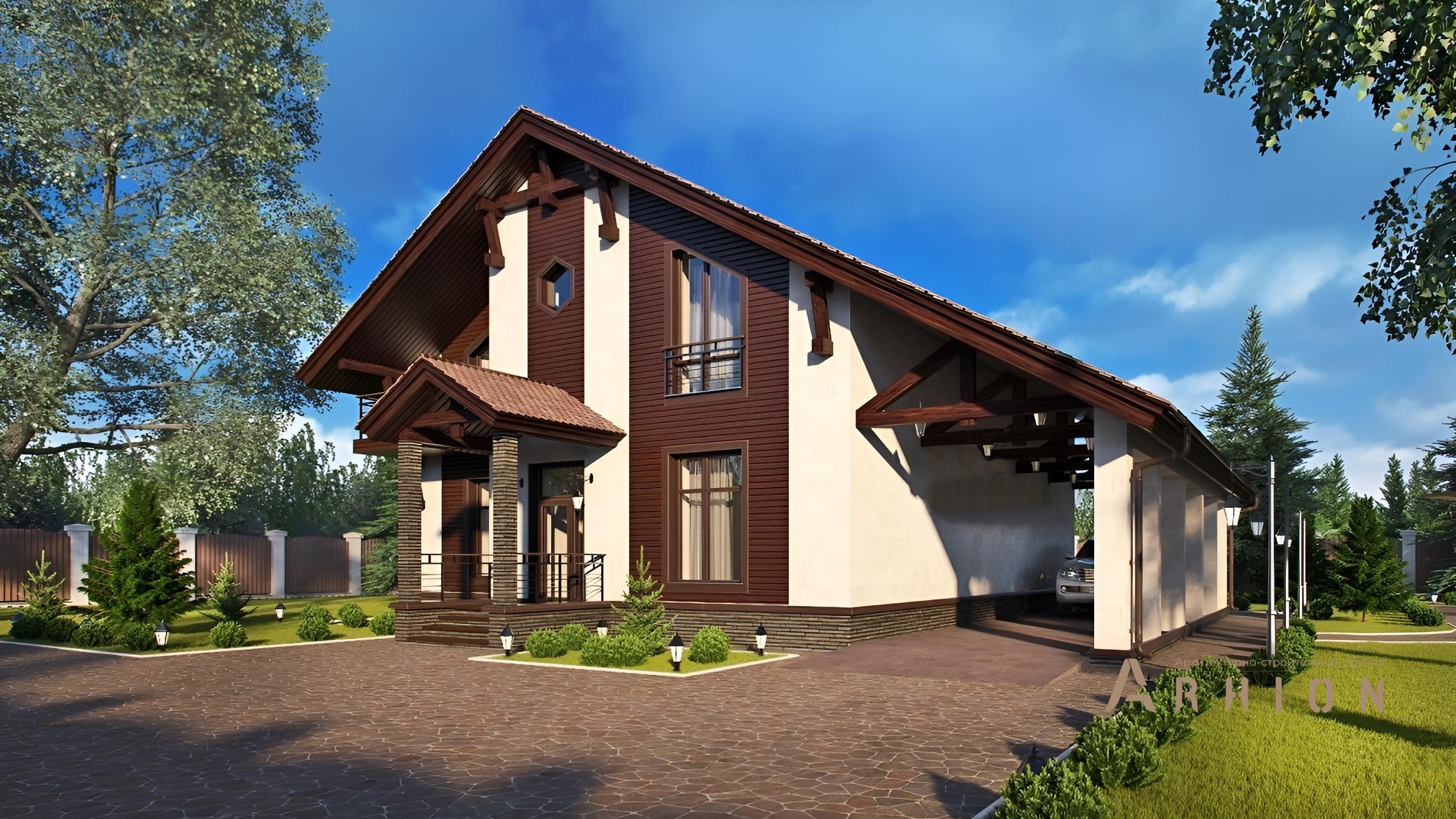 2. Проект двухэтажного дома в стиле шале с двускатной кровлей, kr-226, площадью - 225 кв c терассой, балконом